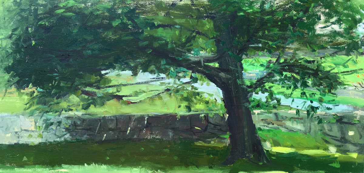 Impressionistic Nature Art in rich greens with the strength of a tree and stone wall.