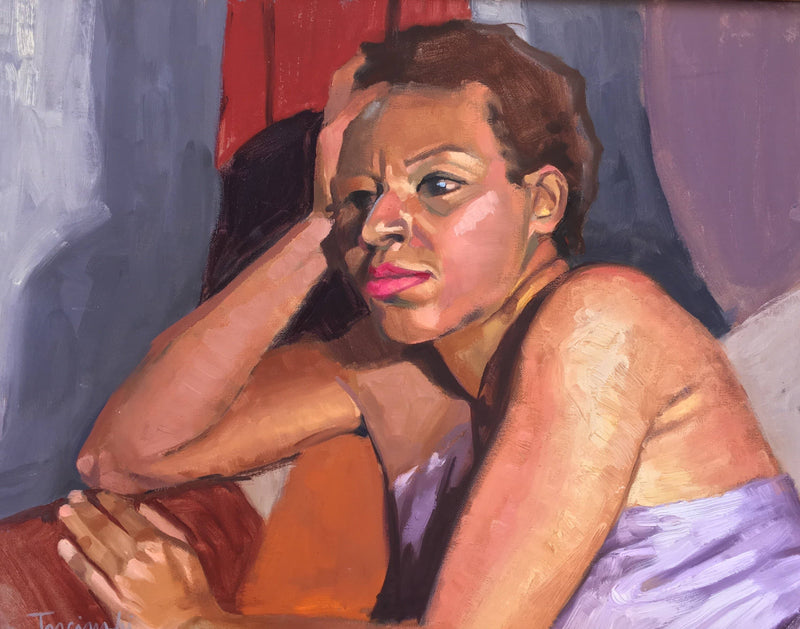 intimate female figurative painting with strong emotion and shades of purple