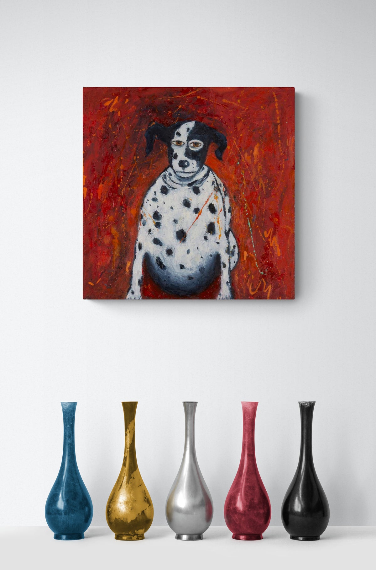 Dog Impressionistic Painting with bold red, black & white bring this entry space alive 