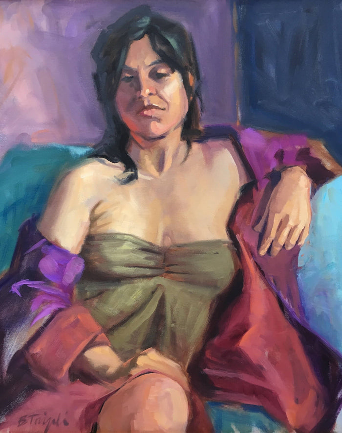 female figurative painting with bold blue, purple and teal colors to evoke strength