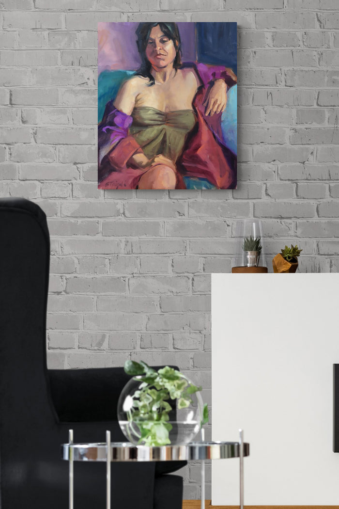 Bold contemporary female figure art that is the center conversation of this living room