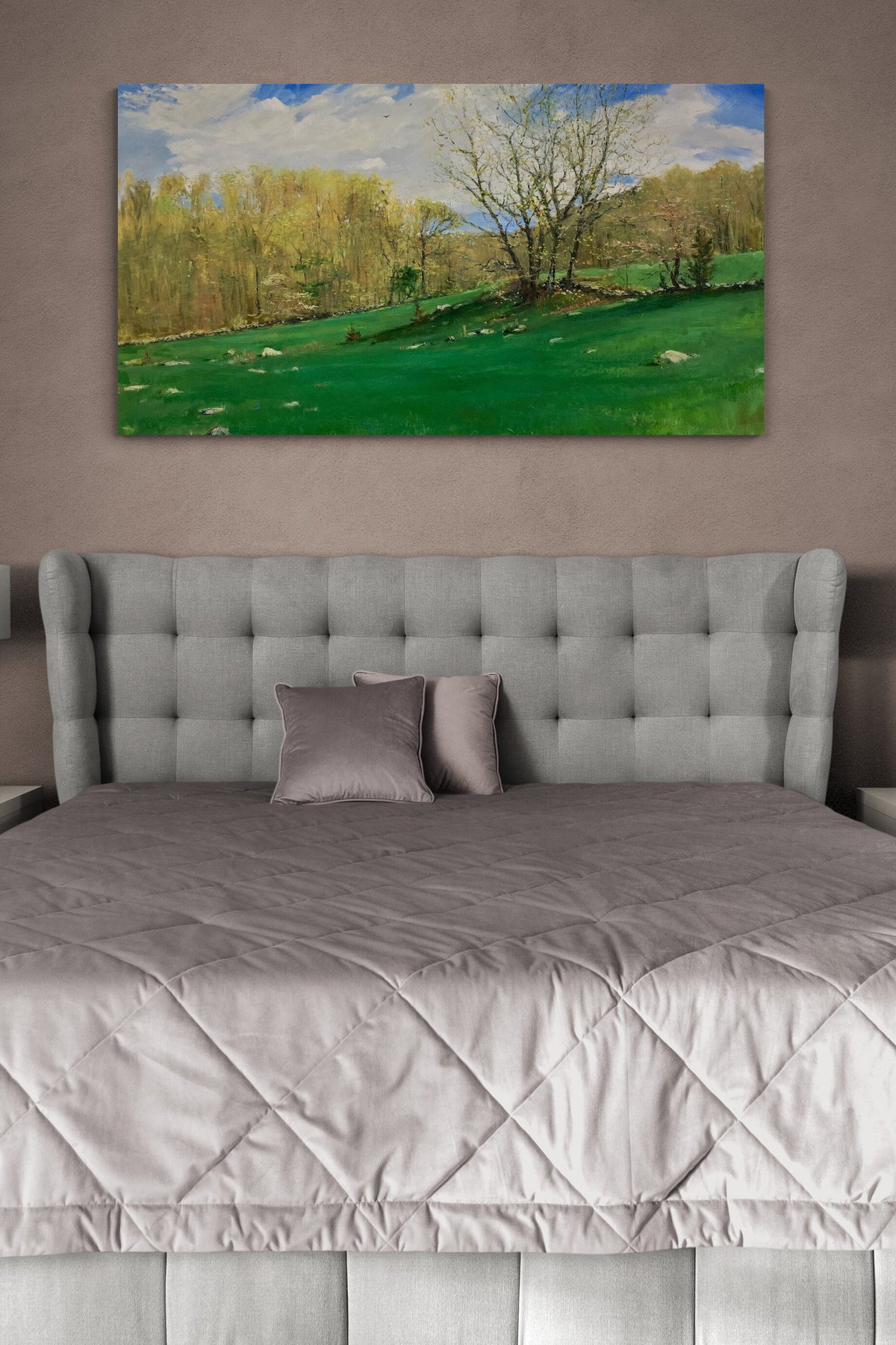 Contemporary Field Landscape Painting captures nature in this luxurious bedroom