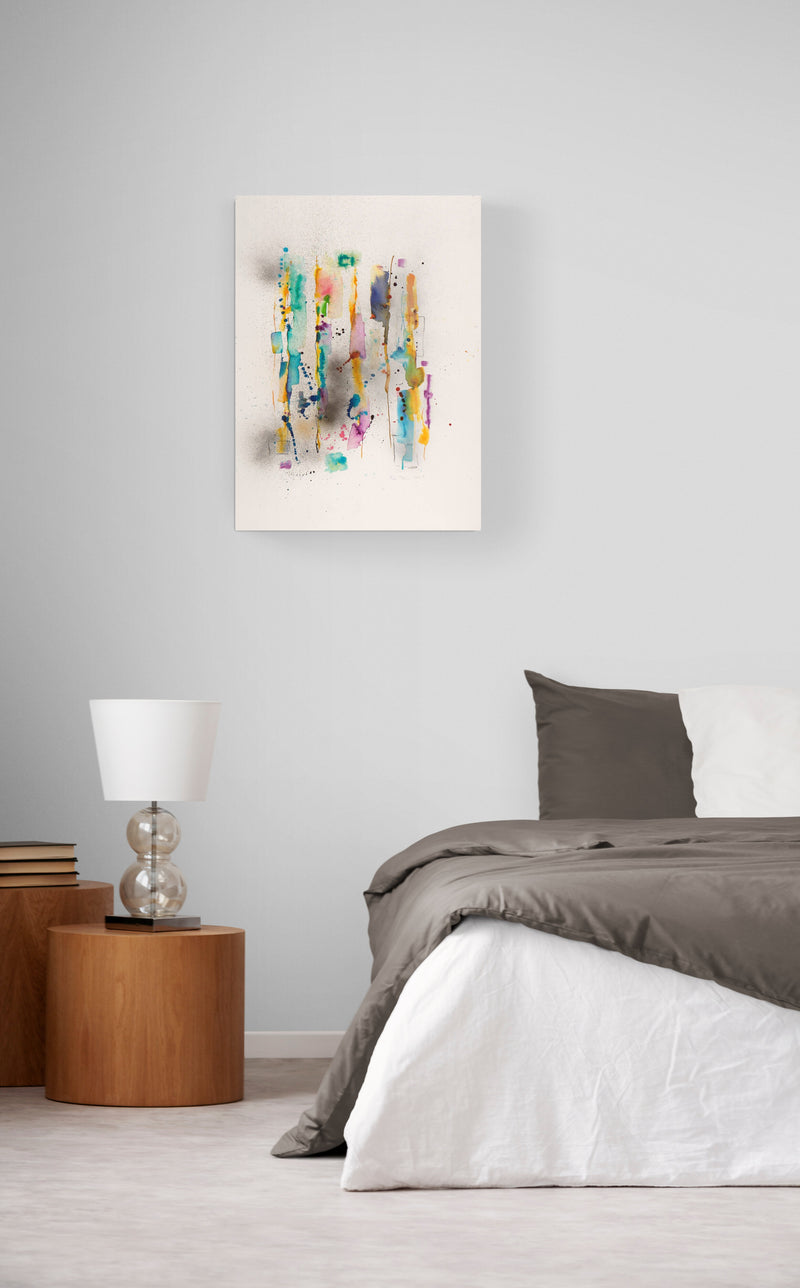 Expressionistic Painting adds lyrical rhythms of nature & color to this simple bedroom