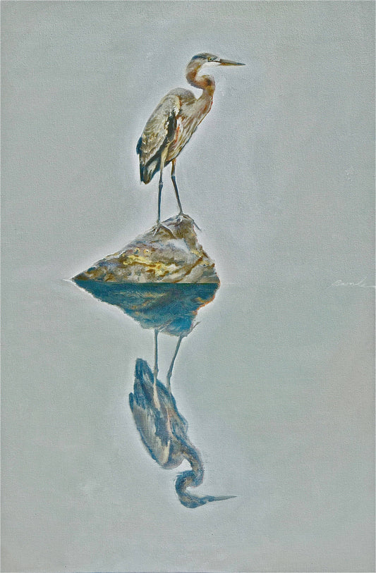 Contemporary seascape painting of a bird reflecting in the water