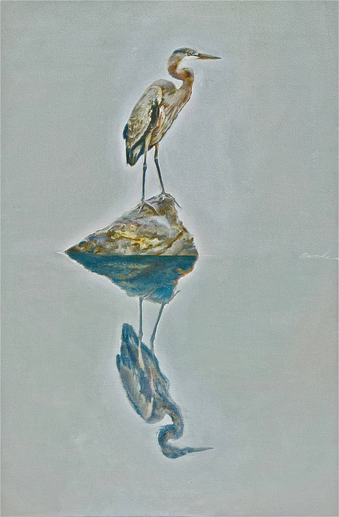 Contemporary seascape painting of a bird reflecting in the water