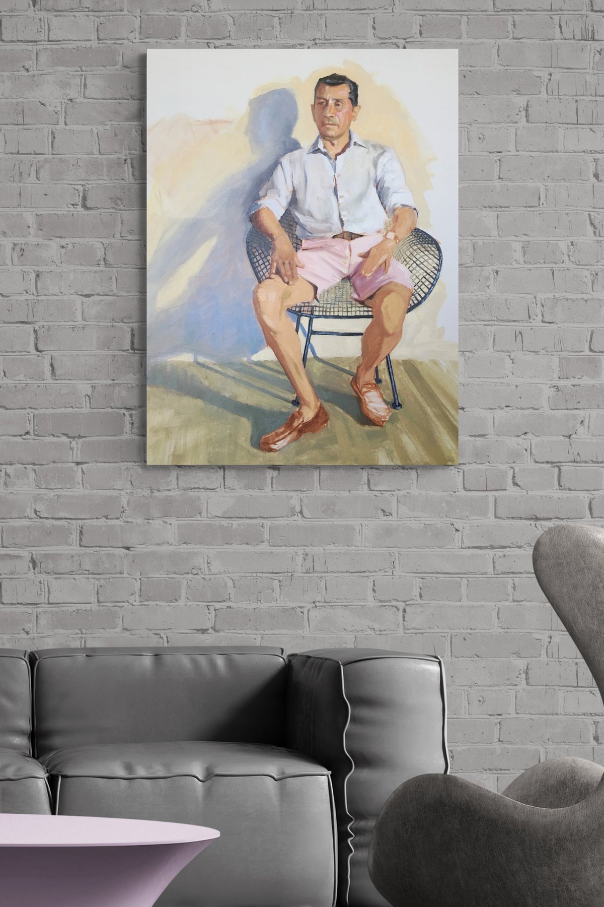 Male figurative painting brings conversation to this contemporary living room