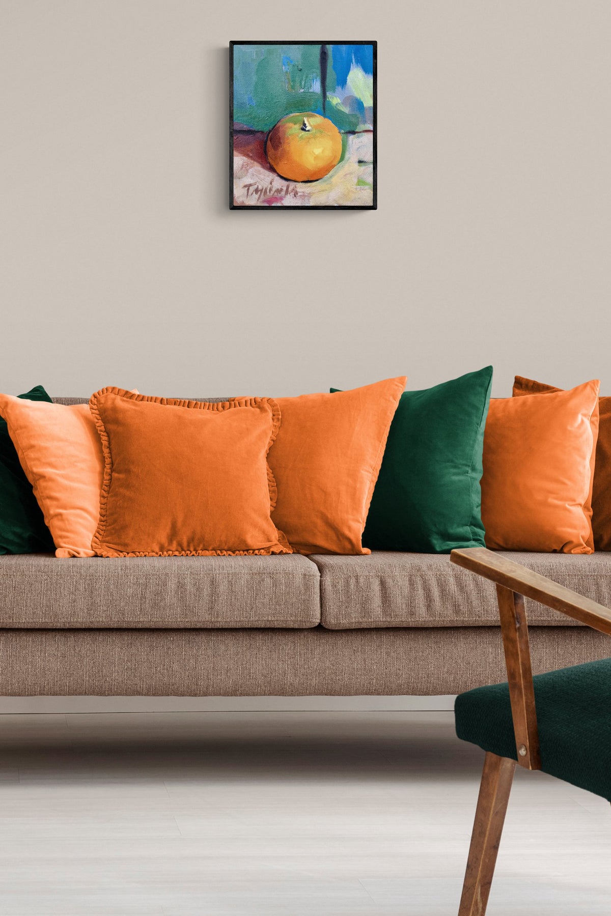 Impressionistic Abstract Orange painting adds balance & harmony to this family room