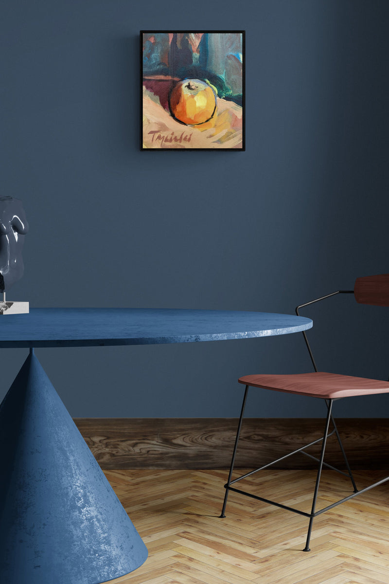 Bold abstract impressionistic painting adds orange color to this all blue dining room
