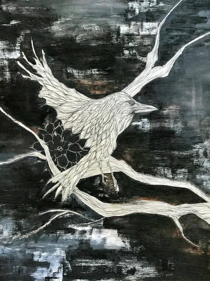Black & White Bird Nature Art with attention to detail in the crow, fine lines & washed background 