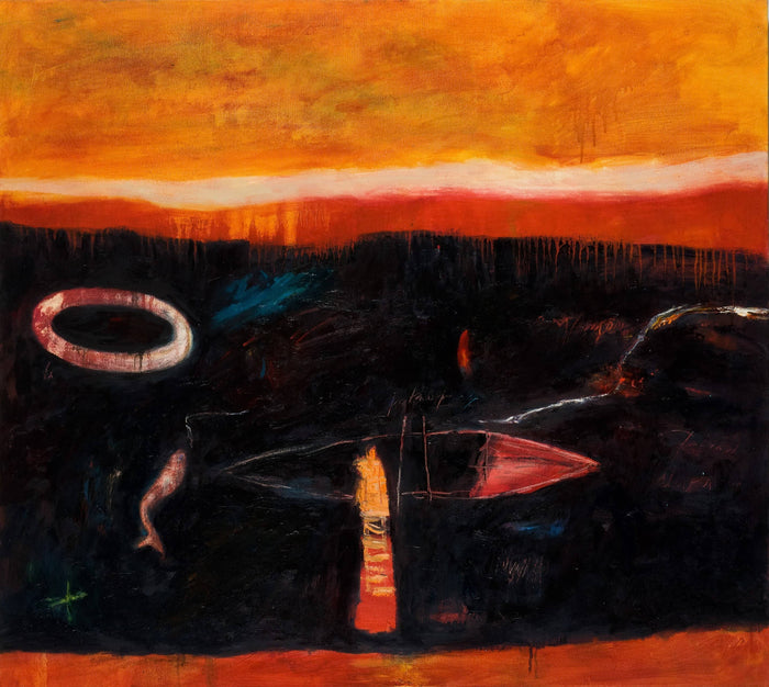 Contemporary Abstract Art in bold orange and black with organic shapes create a story