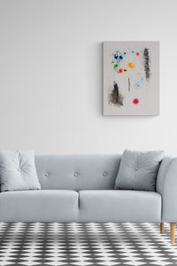 Abstract Expressive Painting adds a pop of color, a gestural conversation to this family room