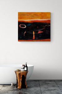 Bold Abstract Painting, bold colors create a place to dream in this natural inspired bathroom