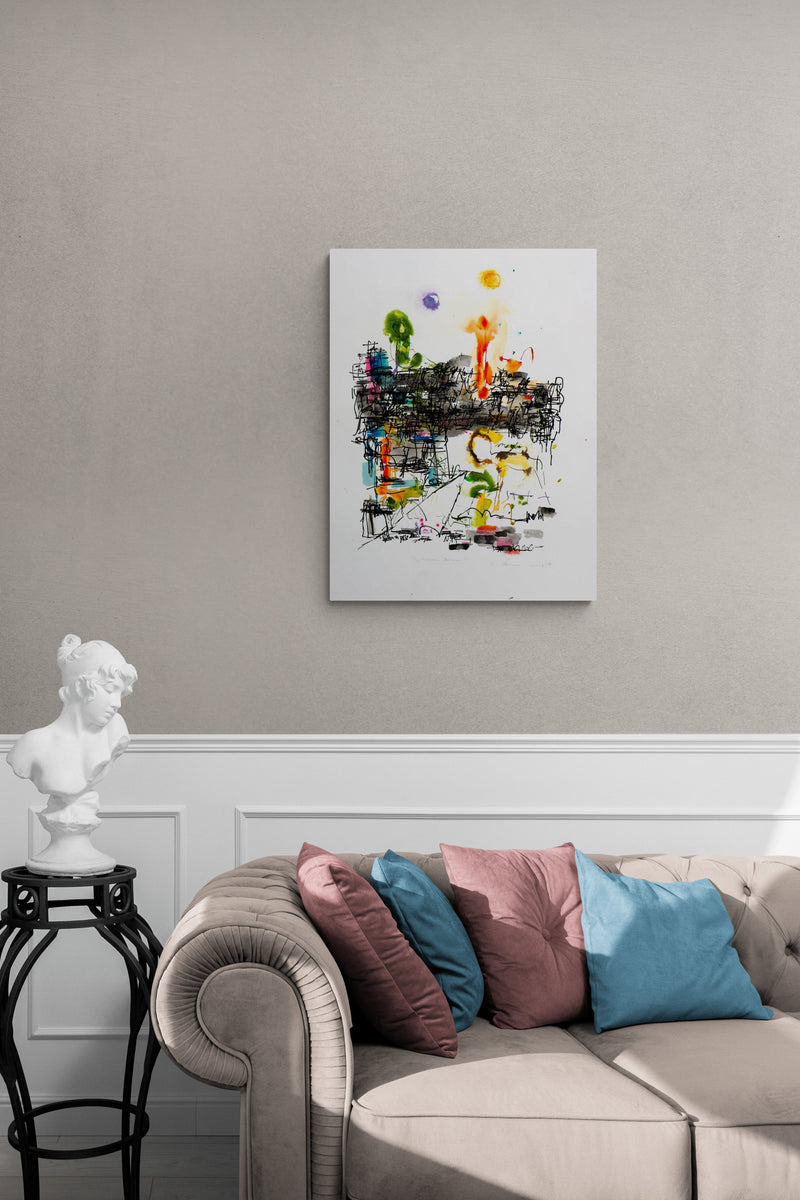 Abstract Expressive Painting adds color, black lines, & conversation to this avant garde room
