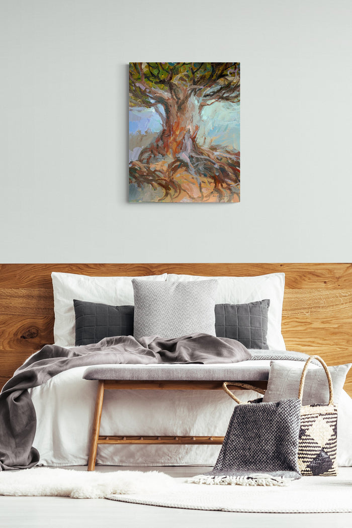 Landscape Impressionistic painting with earth tones, rooted in this simple bedroom