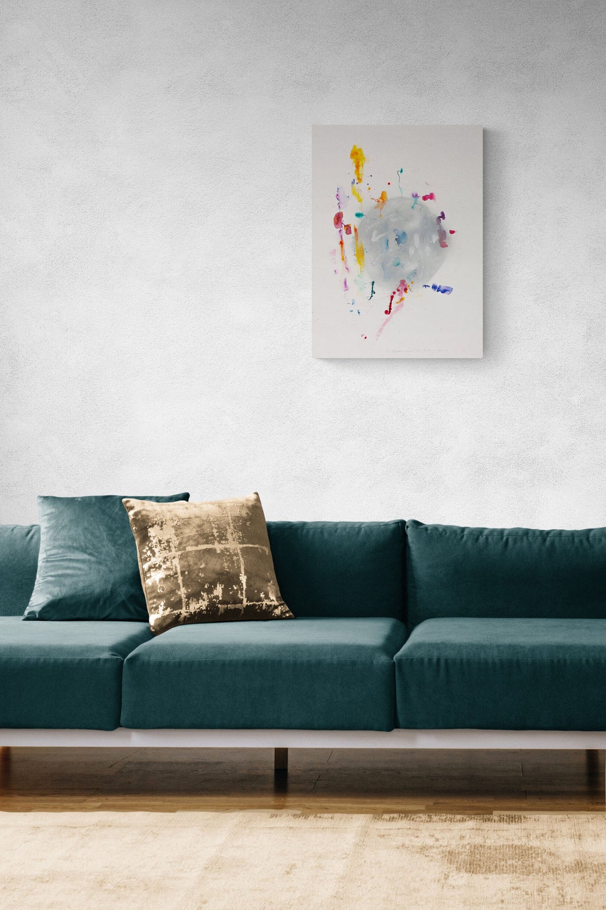 Abstract Expressive Painting adds color & worldly conversation to this simple living room