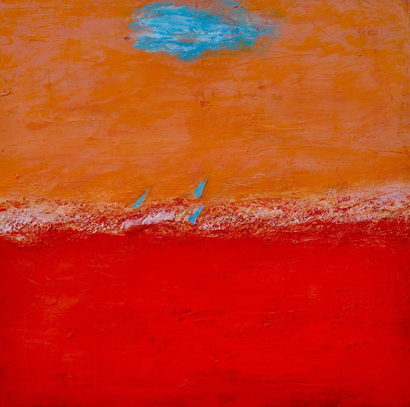 Contemporary Ocean Red & Orange Abstract Art with Blue Sails and Blue Clouds