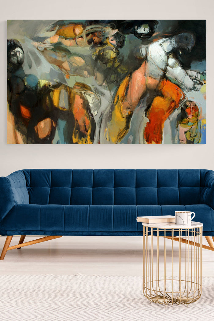 Striking Figurative Abstract Painting anchors this living room with color & emotion