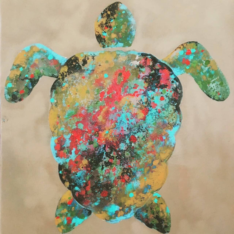 Contemporary Turtle Painting, neutral tone with organic blue, red and yellow shapes