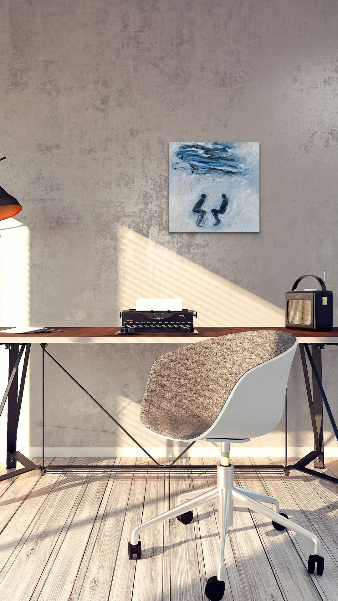 Impressionistic Abstract Painting add blue & calming conversation to minimal home office