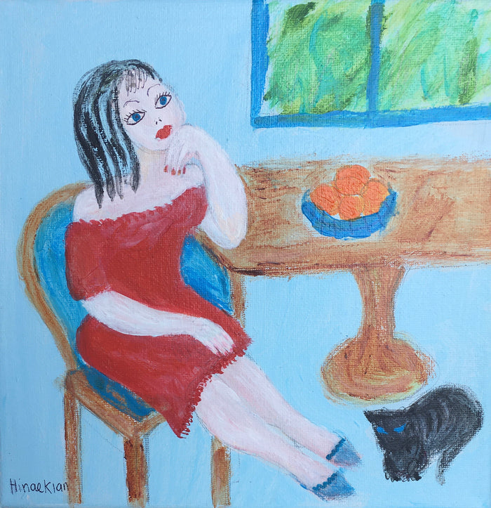 Small Scale Female Figurative Abstract Art, primary colors with a cat, orange & a window