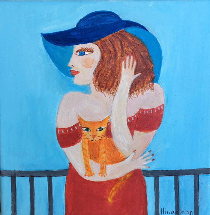 Small Female Figurative artwork with hues of blue & red colors with large brim hat