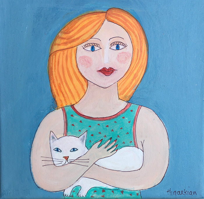Small Scale Female Figurative Abstract Art, strong blue color, female holding a cat