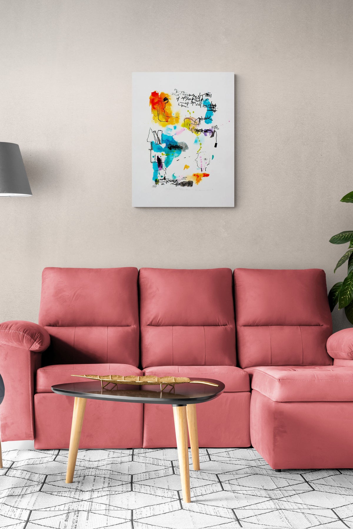 Expressive Painting adds color & conversation to this modern cozy family room