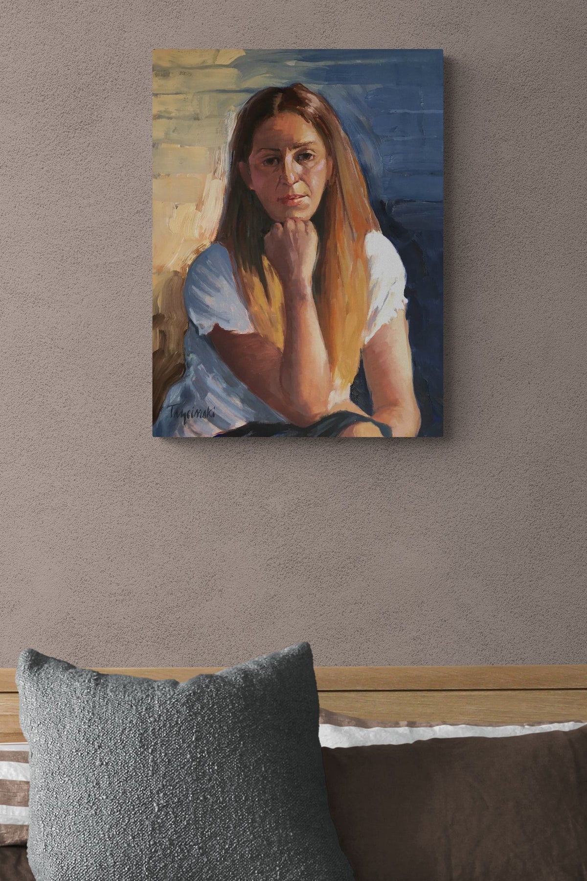 Intimate female figurative art brings feeling, emotion and balance into this bedroom